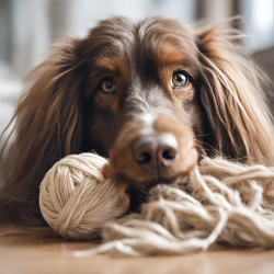 Un chien et une pelote filée avec son poil
