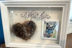 Cadre souvenir de Naska : cœur au crochet en laine de chien, prénom et photo
